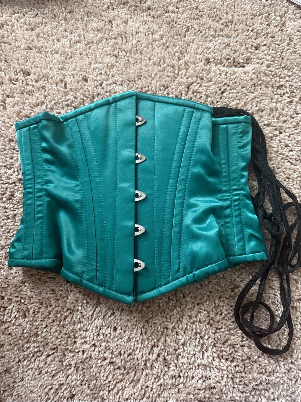 Satin Teal Waist Cincher Corset with Lace-Up Back
